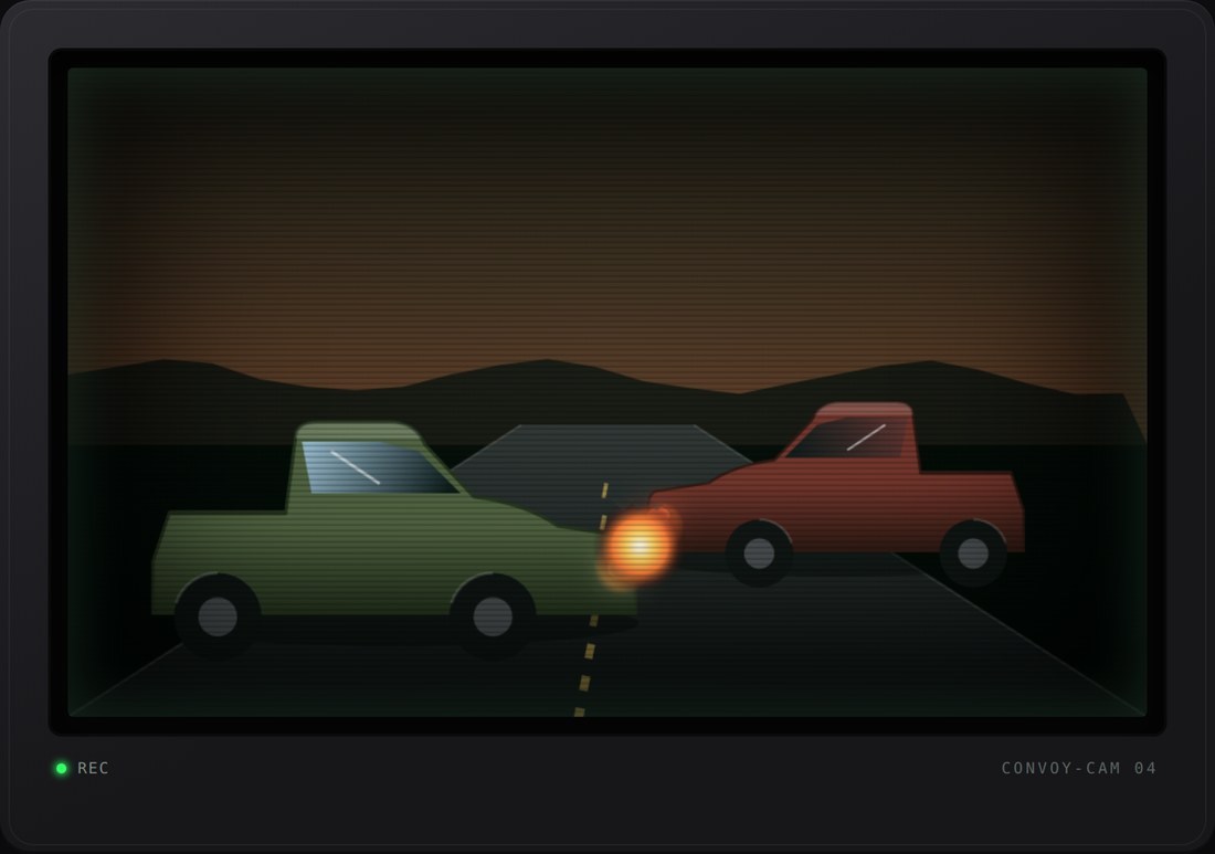 A convoy truck and a raider truck facing off on a dusk highway, seen through a CRT monitor